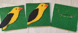 Des badges de Loriot, l'oiseau représentant le groupe Ornithologique des Deux-Sèvres, que j'ai cousue avec une amie, pour les enfants du club nature.